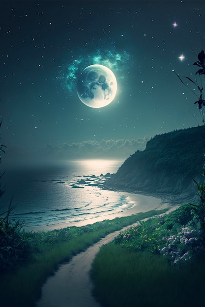 Caminho que leva a uma praia com lua cheia no céu generativo ai