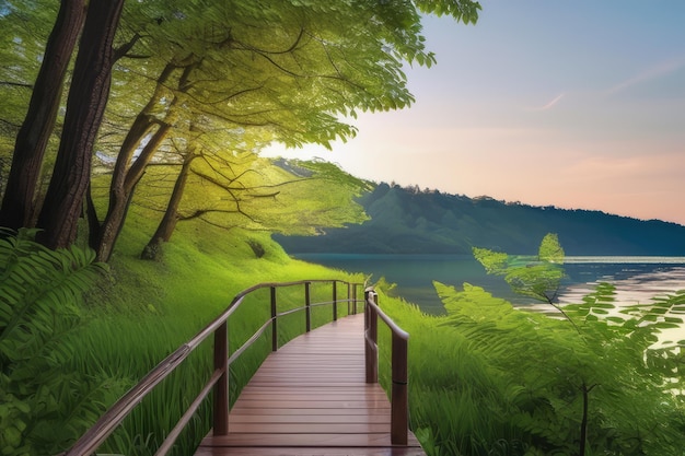 Caminho sereno da floresta Beleza tranquila ao longo da ponte de madeira