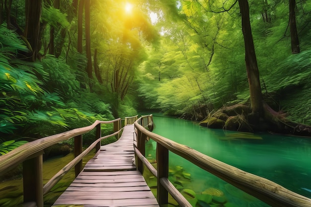 Caminho sereno da floresta Beleza tranquila ao longo da ponte de madeira