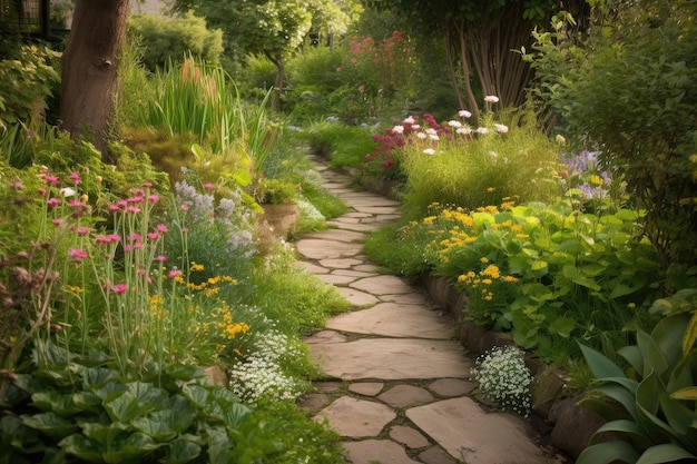 Caminho sinuoso através de jardim exuberante com trampolins e plantas com flores