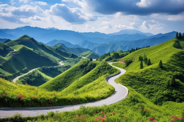 Foto caminho sinuoso através de montanhas verdes