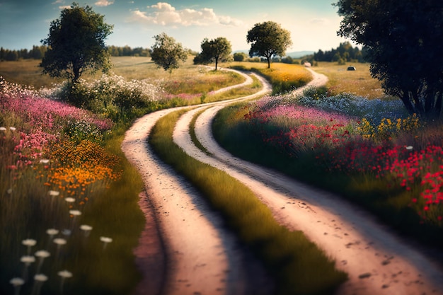 Caminho sinuoso de terra ladeado por árvores e campos de flores silvestres