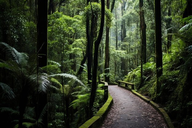 Foto caminho sinuoso desaparecendo na densa vegetação convidando à exploração