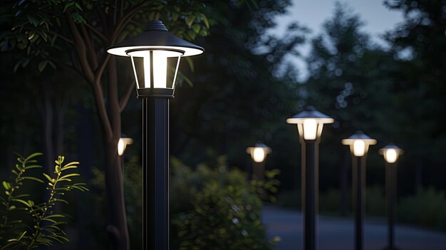 Caminho tranquilo à noite com lâmpadas de rua iluminadas
