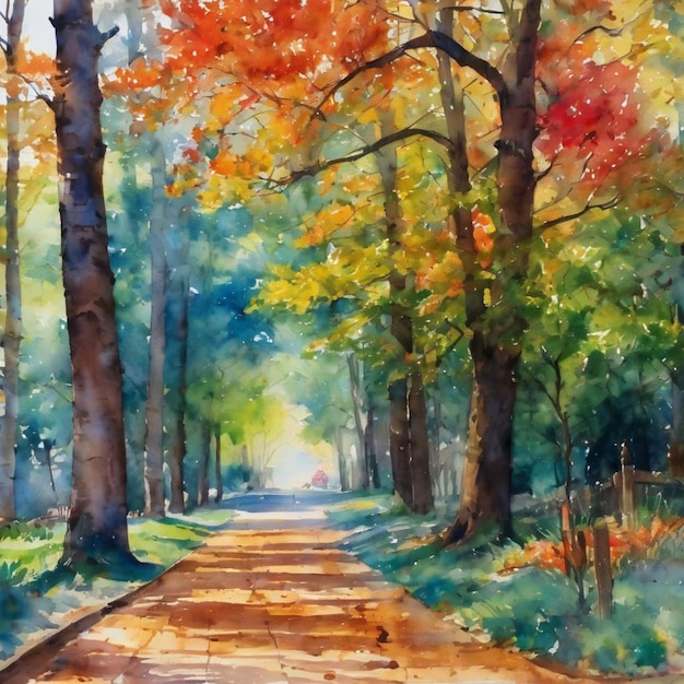 Caminho tranquilo de outono pela floresta colorida