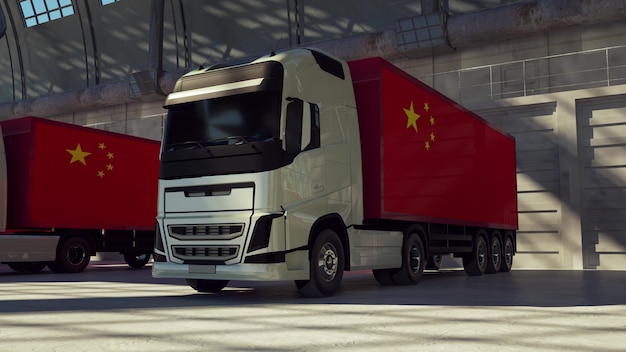 Caminhões de carga com bandeira chinesa. caminhões da china carregando ou descarregando na doca do armazém. renderização 3d.