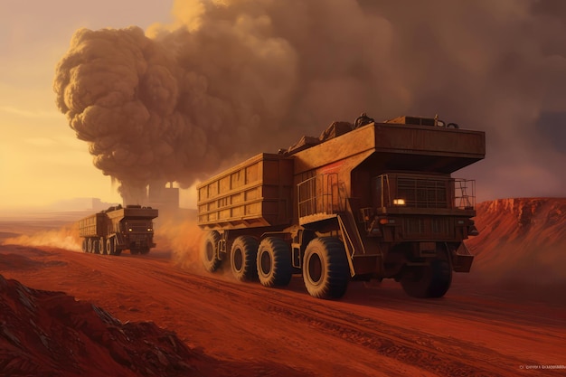 Caminhões de mineração maciços transportando minério de ferro por vastas paisagens IA generativa