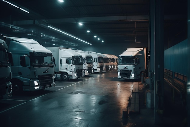 Caminhões em um armazém escuro com a palavra scania na frente.