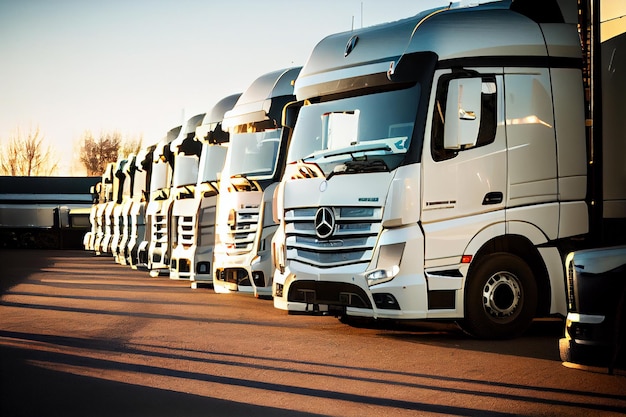 Foto caminhões estacionados em um estacionamento logística de transporte de mercadorias e transporte