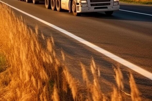 Foto caminhões na rodovia transportando fardos de feno e palha na luz do pôr-do-sol