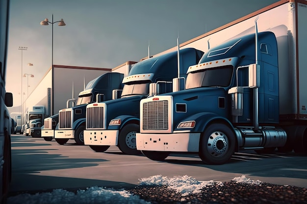 Caminhões semi-reboque no estacionamento Caminhões de entrega para transporte de carga Caminhão Indústria Caminhão de frete Logística Transporte Arte gerada por rede neural