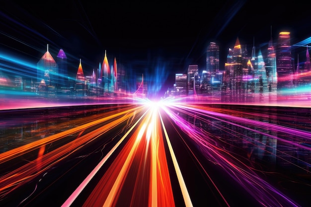Caminhos de luz de velocidade através de mega-cidade moderna inteligente e cidade de arranha-céus com néon Generative Ai
