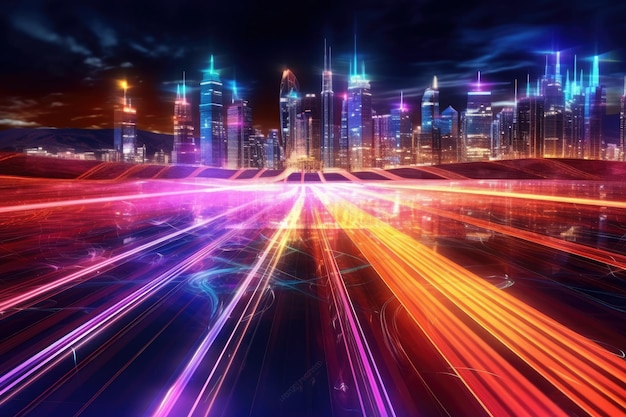 Caminhos de luz de velocidade através de mega-cidade moderna inteligente e cidade de arranha-céus com néon Generative Ai
