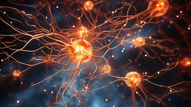 Caminhos neurais intrincados no cérebro, sistema nervoso complexo, close-up de células, destacando o neurônio