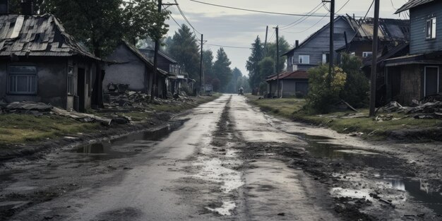 Un camino accidentado en un pueblo desolado