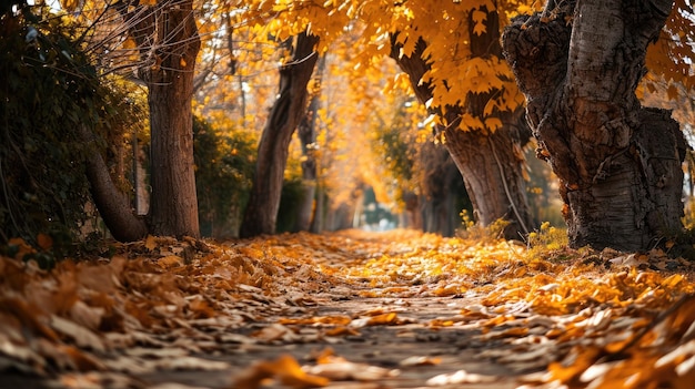 Foto un camino adornado con innumerables hojas amarillas se extiende bajo un majestuoso dosel de árboles