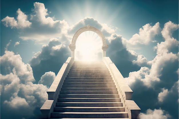 El camino al cielo una escalera con nubes y rayos de sol brillantes ai generativo
