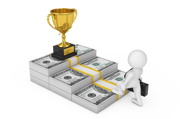 Camino al concepto de éxito. Hombre de negocios sube las escaleras desde el dinero en dólares hasta el trofeo del premio de oro de carrera sobre un fondo blanco. Representación 3D
