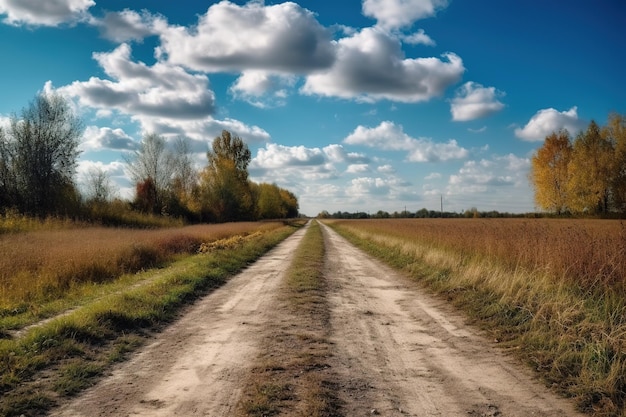 Un camino al costado del campo de tierra está bajo el cielo azul y las nubes blancas Foto de alta calidad