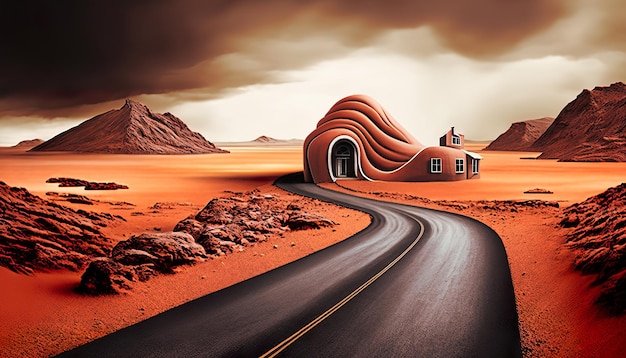 Un camino al desierto con una casa en el lado izquierdo