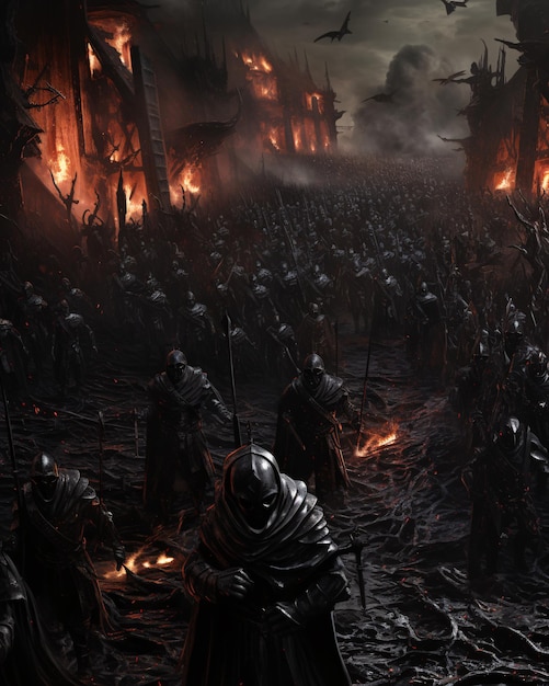 Camino al infierno pintura de fantasía surrealista escena de guerra muerte medieval y heavy metal
