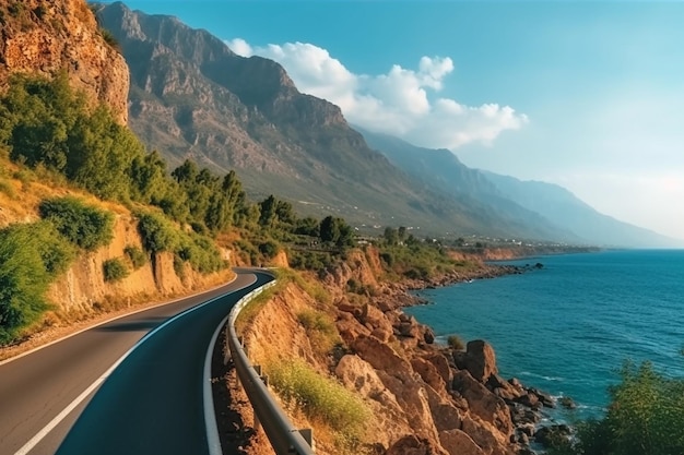 El camino al mar está bordeado de montañas y el mar está bordeado de árboles.