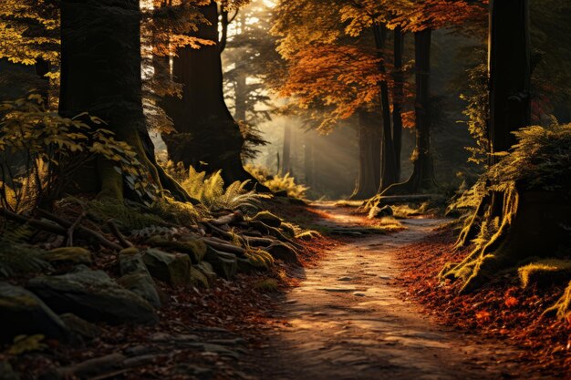 El camino del amanecer de otoño que pasa a través del bosque 3D render foto de alta calidad