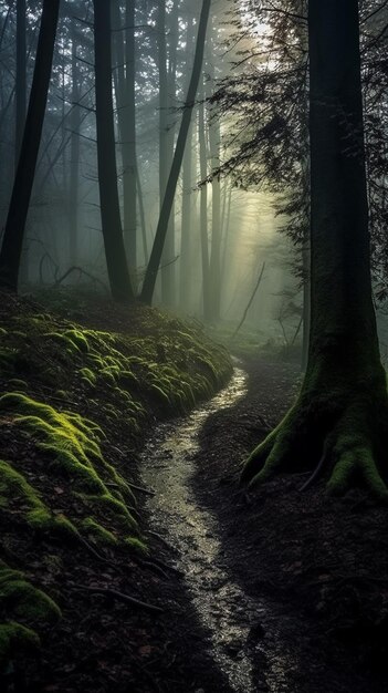 Camino arafed en un bosque con suelo cubierto de musgo y árboles generativos ai