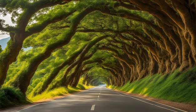 un camino con un árbol alineado con árboles a ambos lados