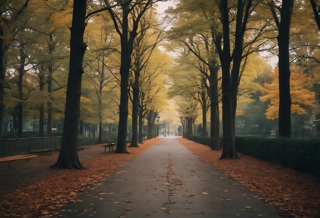 un camino con un árbol alineado con árboles y un banco en él