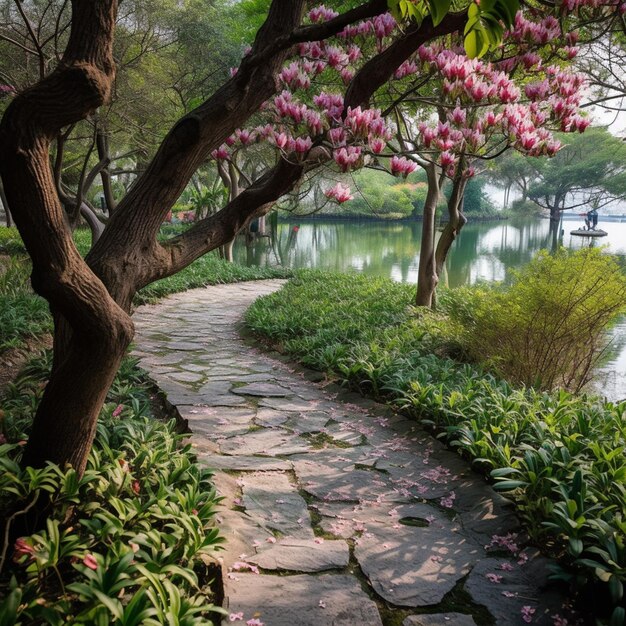 Un camino con un árbol con flores rosas