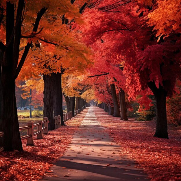 un camino con un árbol rojo y naranja en él