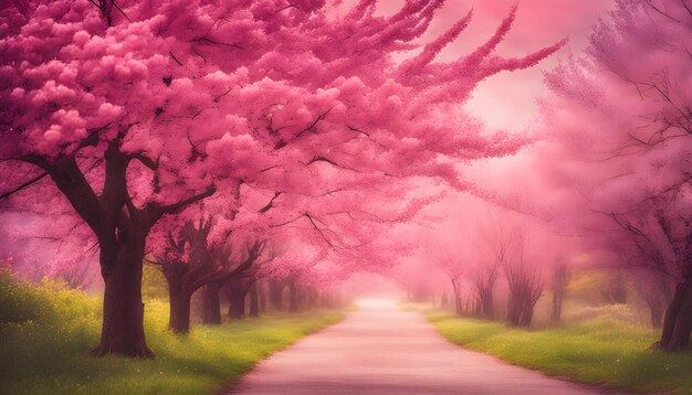 Foto un camino con un árbol rosa en el medio y un fondo rosa con las palabras rosa