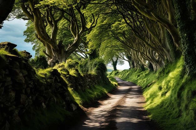 un camino con árboles en el lado y un camino con una ladera cubierta de hierba verde