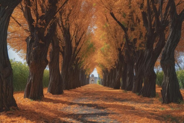 El camino con los árboles en otoño hace una mansión