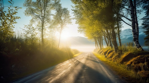 Un camino con árboles y el sol brillando sobre él.