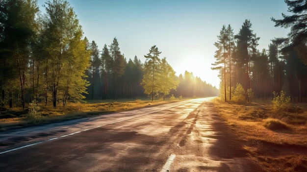 Un camino con árboles y un sol de fondo