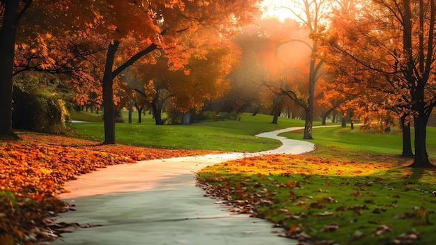 Foto camino de arce que conduce al centro del parque encantador concepto paseo por la naturaleza belleza de otoño paseo panorámico vistas al parque encantado
