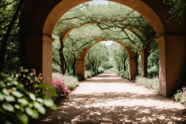 Foto un camino con arcos y árboles con flores rosas al fondo.