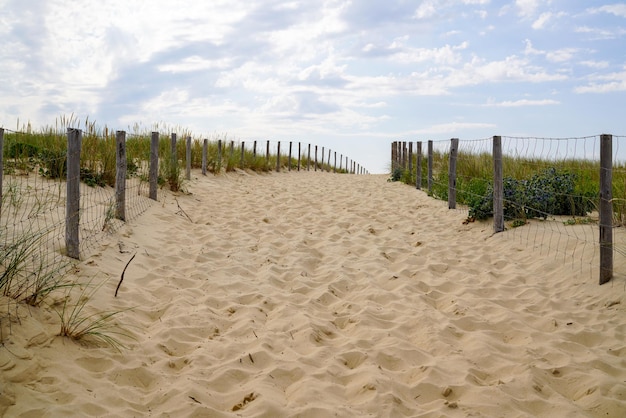 Camino de arena de acceso a la costa con valla a la costa atlántica de Ocean Beach en Cap Ferret en Francia