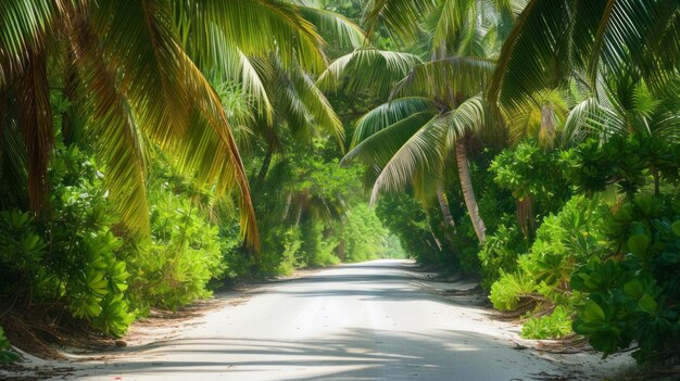 Camino de arena entre hojas y árboles tropicales