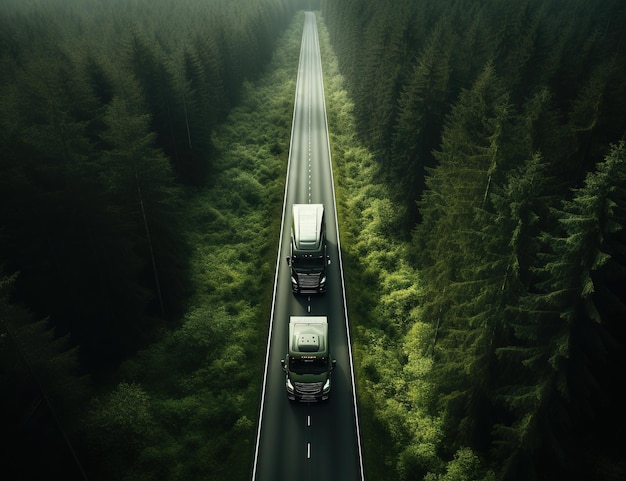 Camino asfaltado con aire y vista al bosque verde Camino forestal que pasa por el bosque con aventura en automóvil