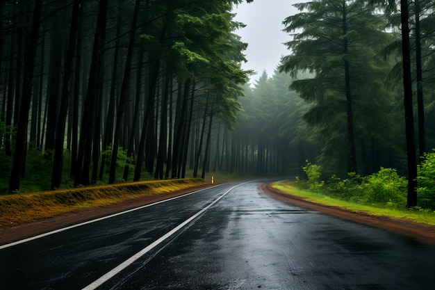 Camino de asfalto en el bosque después de la lluvia Mañana en el camino