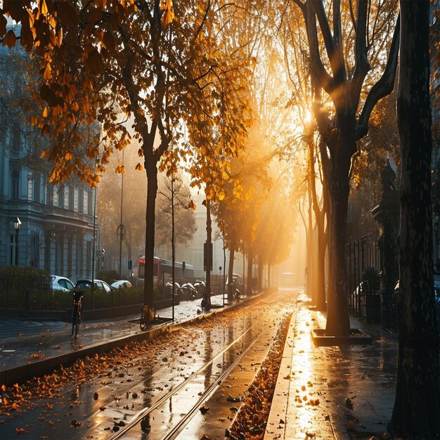 Camino de asfalto en el encantador bosque de otoño