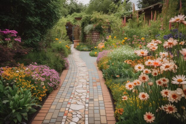 Un camino de azulejos que conduce a un oasis de jardín con flores brillantes y coloridas en plena floración