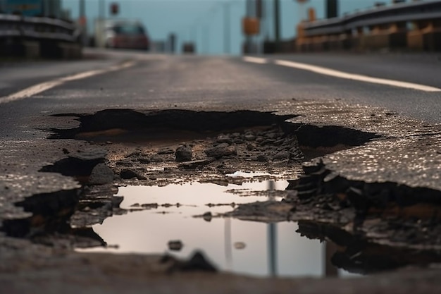 Un camino con un bache y un letrero que dice 'camino a la izquierda'