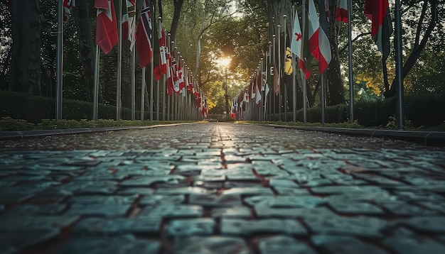 Un camino con banderas estadounidenses colgando de los árboles