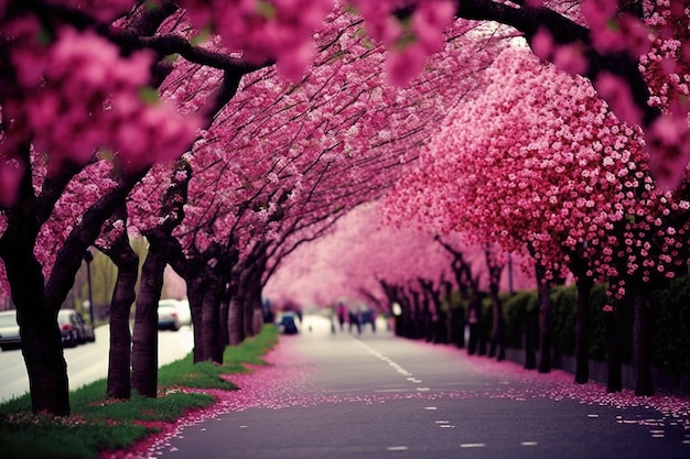 Un camino bordeado de flores de cerezo