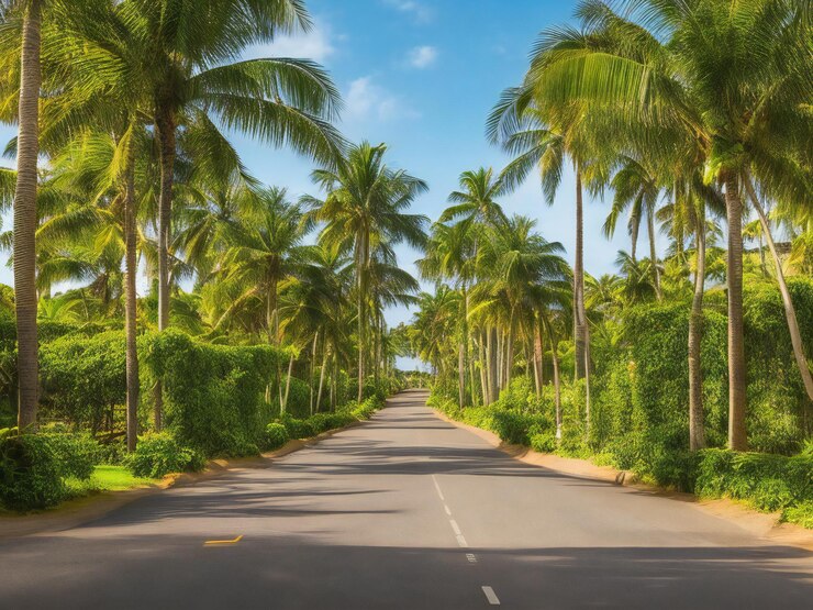 un camino bordeado de palmeras y arbustos