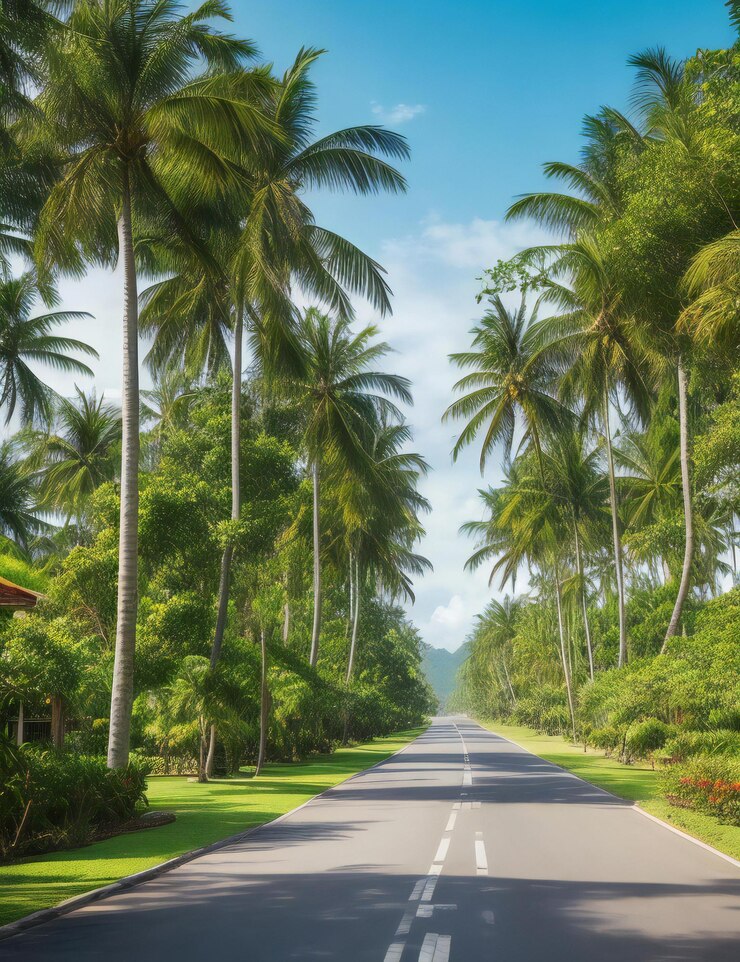 un camino bordeado de palmeras y arbustos